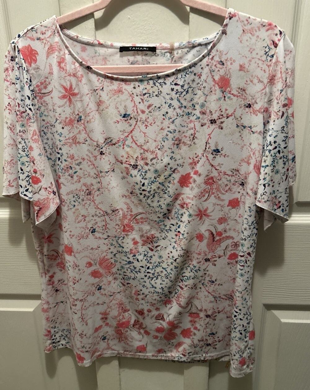 Tahari Pink Floral Marcella Cold Shoulder Top Shirt Short Sleeve Womens Large